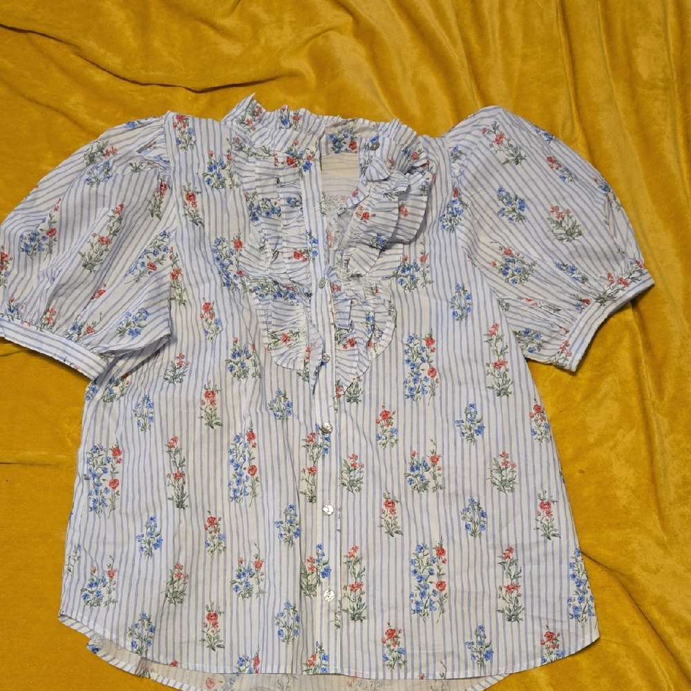 Entro Striped Floral Blouse with Ruffle Details